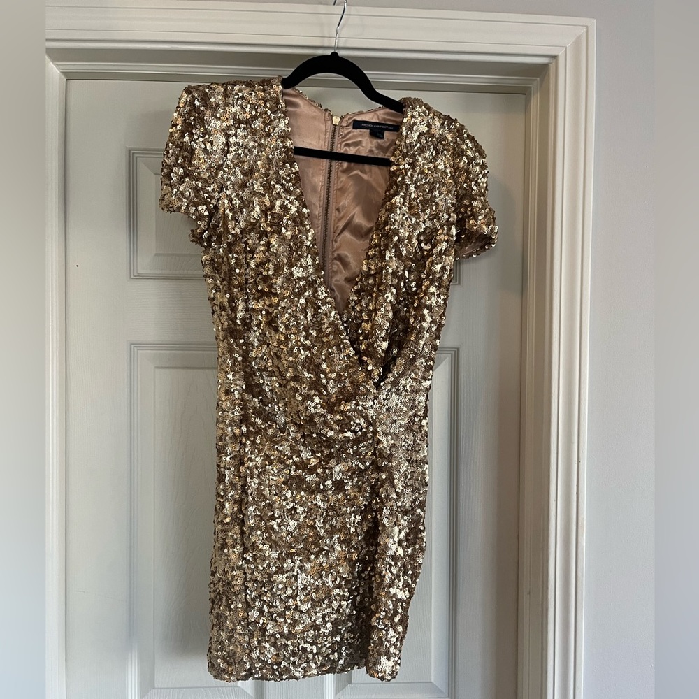 French Connection gold sequin wrap dress